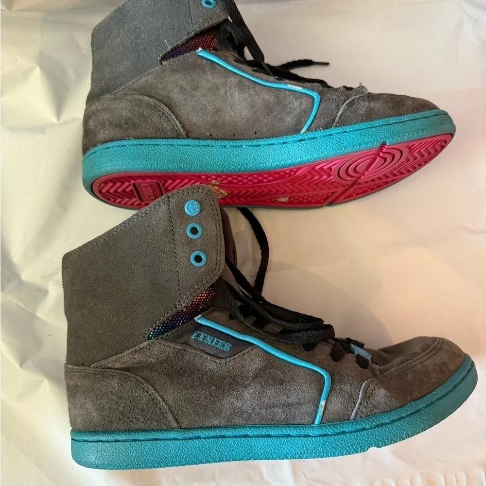 ETNIES Woozy Gray Leather Blue Hi Top Sneakers Size 8.5